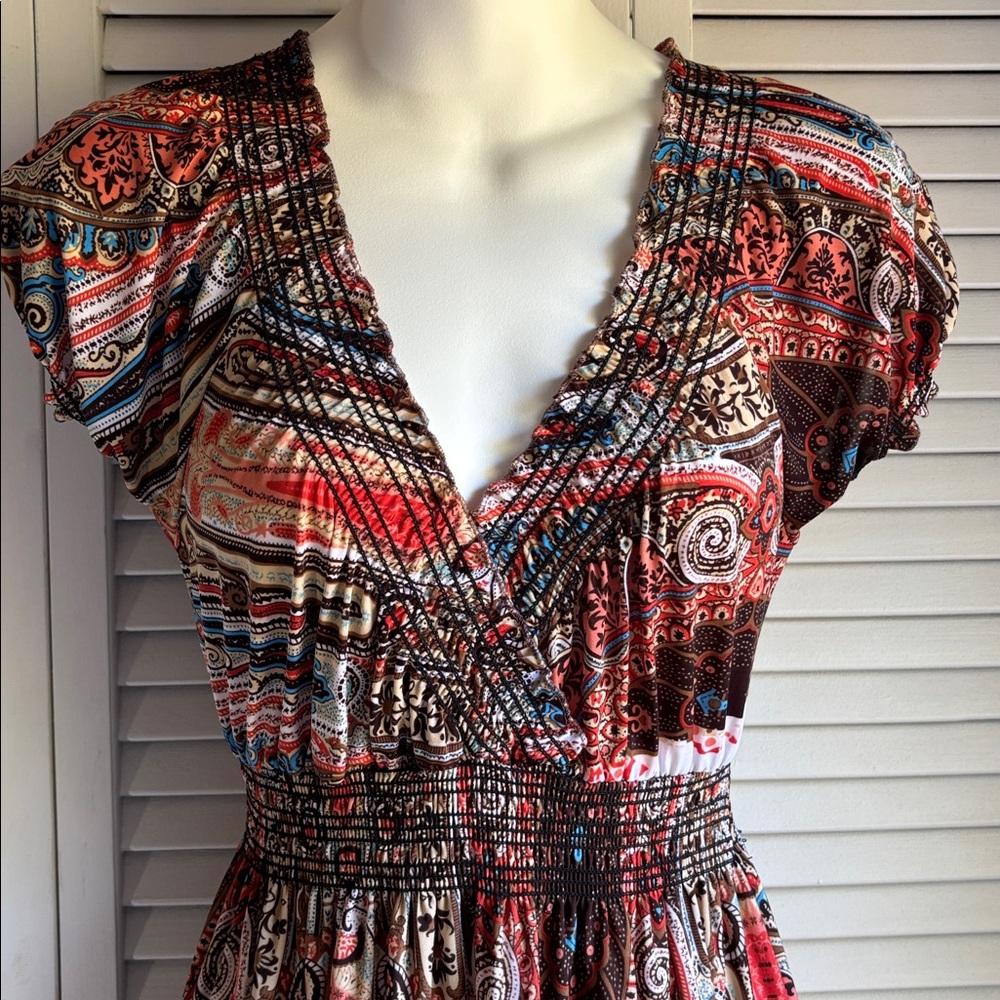 Lapogee Dress Pull-on Maxi Boho Women's Multi Color Print Bell Sleeve Size L